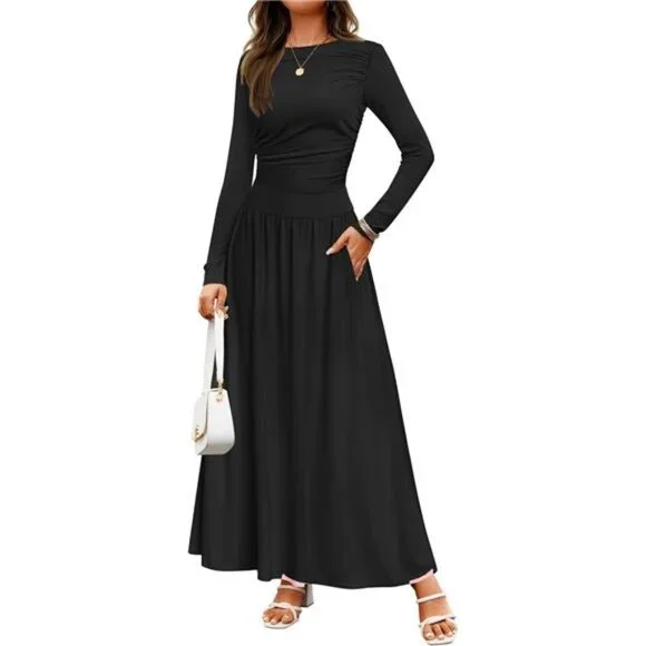 Women's Formal Mesh Crew Neck Long Sleeve Maxi Dress In Black Small